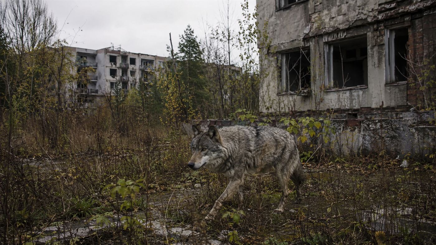 A grey wolf walking through an abandoned overgrown village, part of the wildlife that has reclaimed the Chernobyl exclusion zone