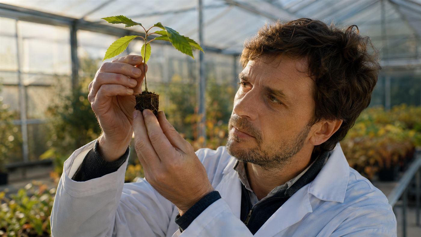 A scientist in a greenhouse holding a small chestnut seedling at eye level, examining it in warm afternoon light