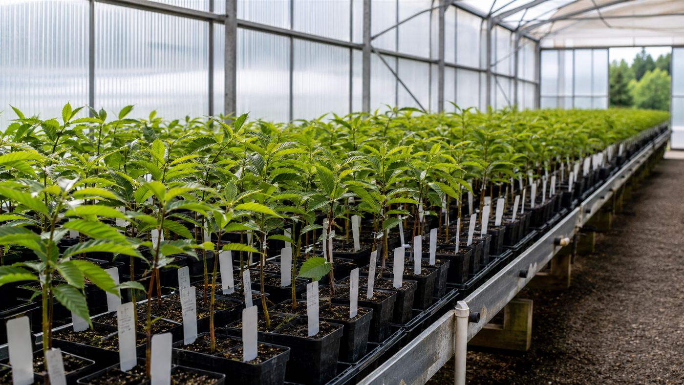 Rows of young chestnut seedlings in a forest nursery greenhouse, each tagged with a research label, representing decades of patient breeding work