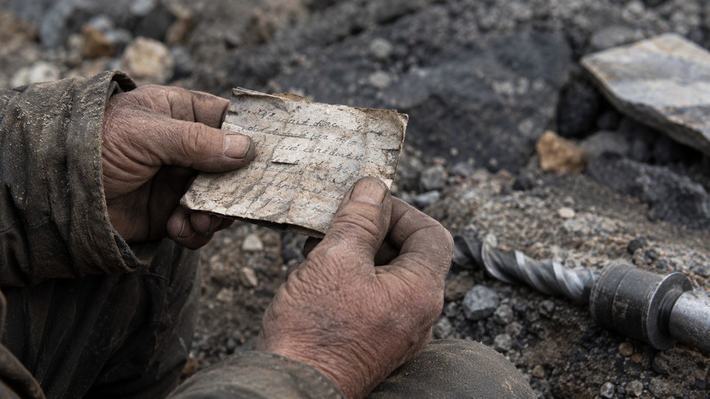 Weathered hands holding a small hand-written note taped to a drill bit at the mine site