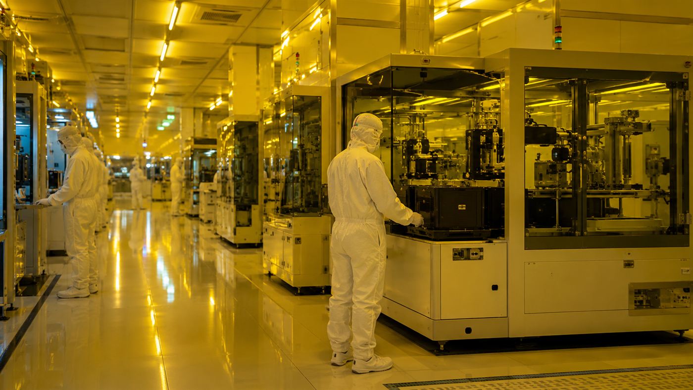 Workers in white cleanroom suits tending machines inside a semiconductor fabrication plant