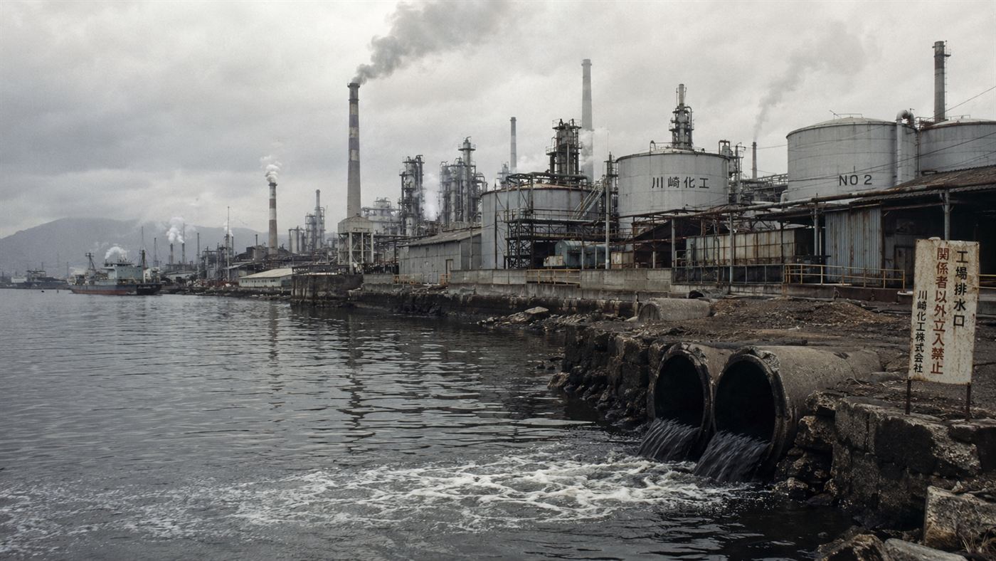 The Chisso Corporation chemical plant at the edge of Minamata Bay, concrete drainage pipes discharging industrial effluent into dark water, storage tanks and smokestacks against an overcast sky, 1960s industrial atmosphere