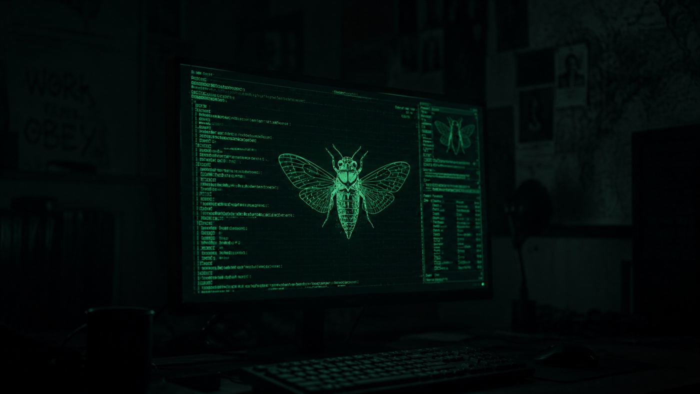 A dark computer screen glowing with cryptic code and a cicada symbol, evoking the Cicada 3301 puzzle
