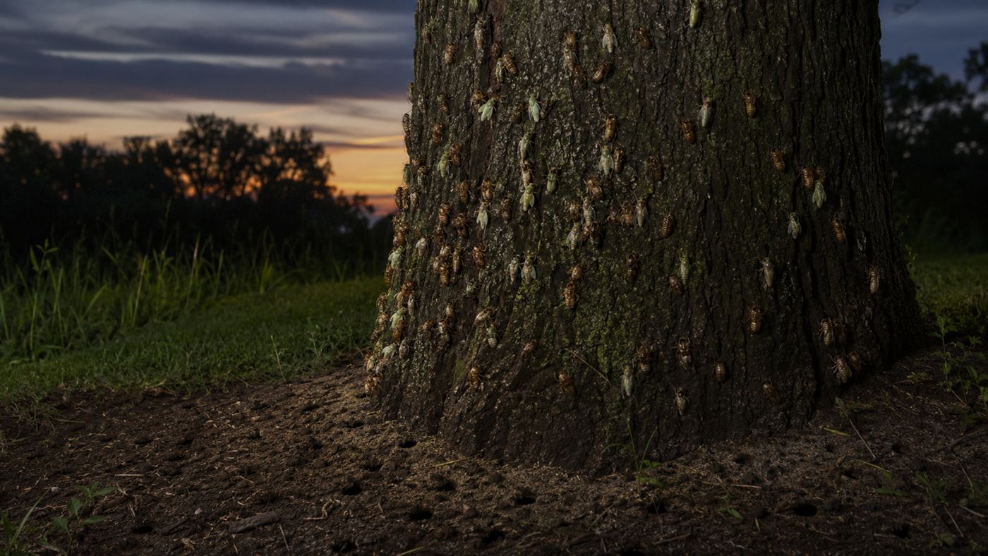 Pale cicada nymphs climbing a tree trunk with empty amber exoskeletons clinging to the bark during a mass cicada emergence