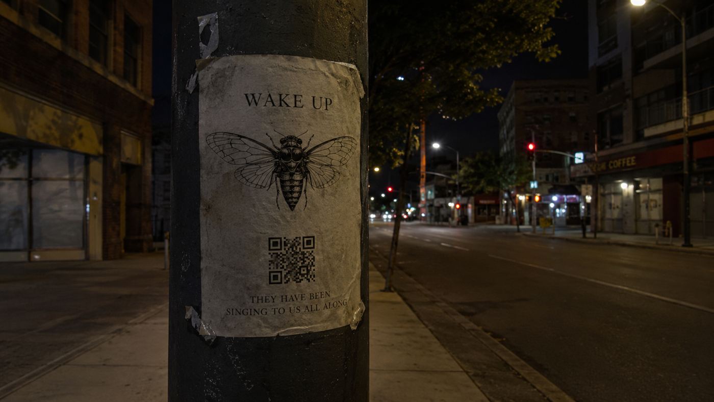 A cryptic poster with a cicada symbol and a QR code taped to a city lamppost at night