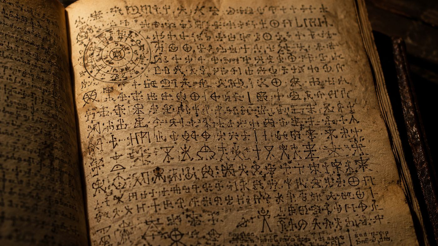 A page covered in mysterious runic symbols and cipher characters, like the Cicada Liber Primus
