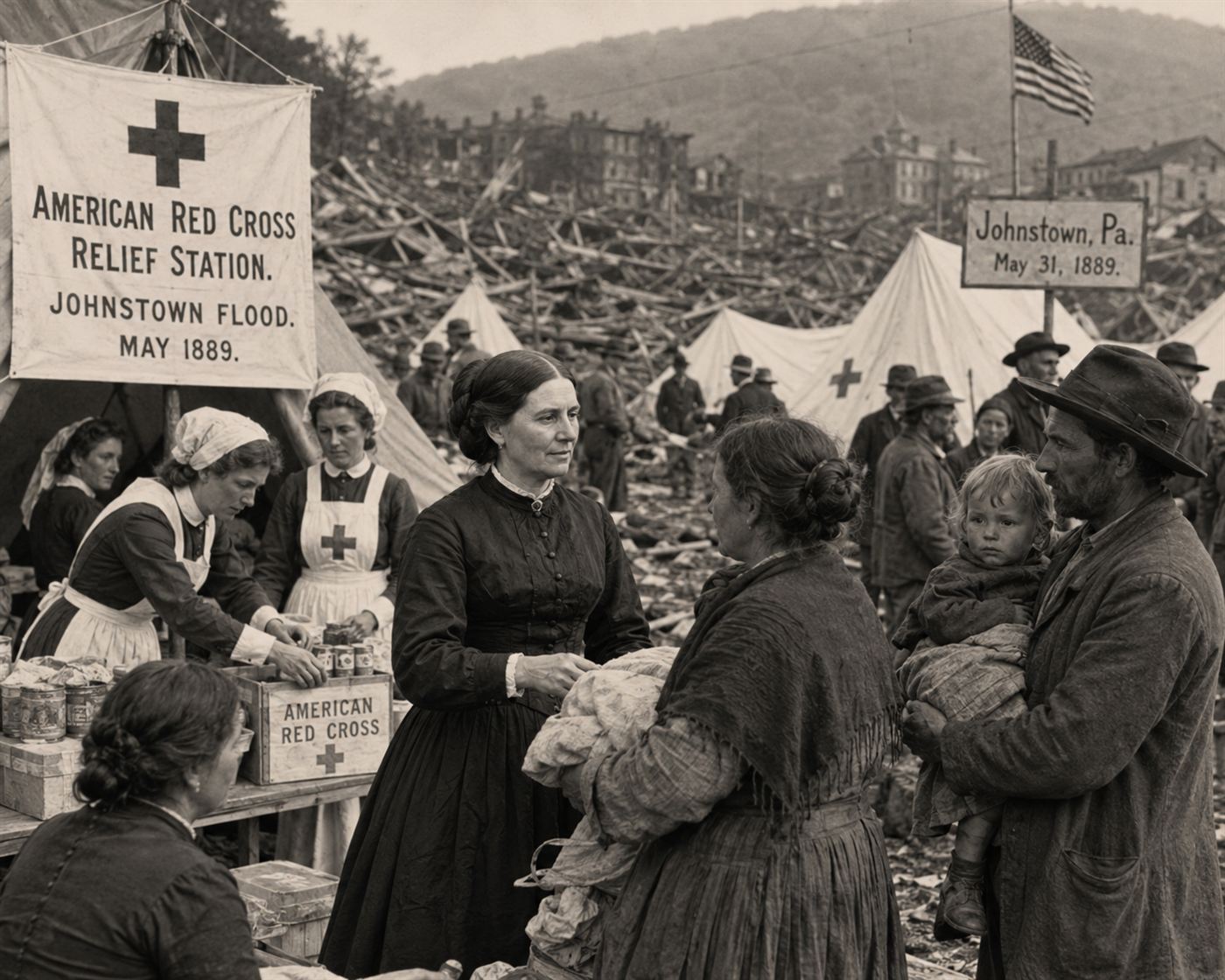 Clara Barton and American Red Cross volunteers helping survivors in Johnstown Pennsylvania 1889, tents and aid workers among the wreckage of the flood disaster