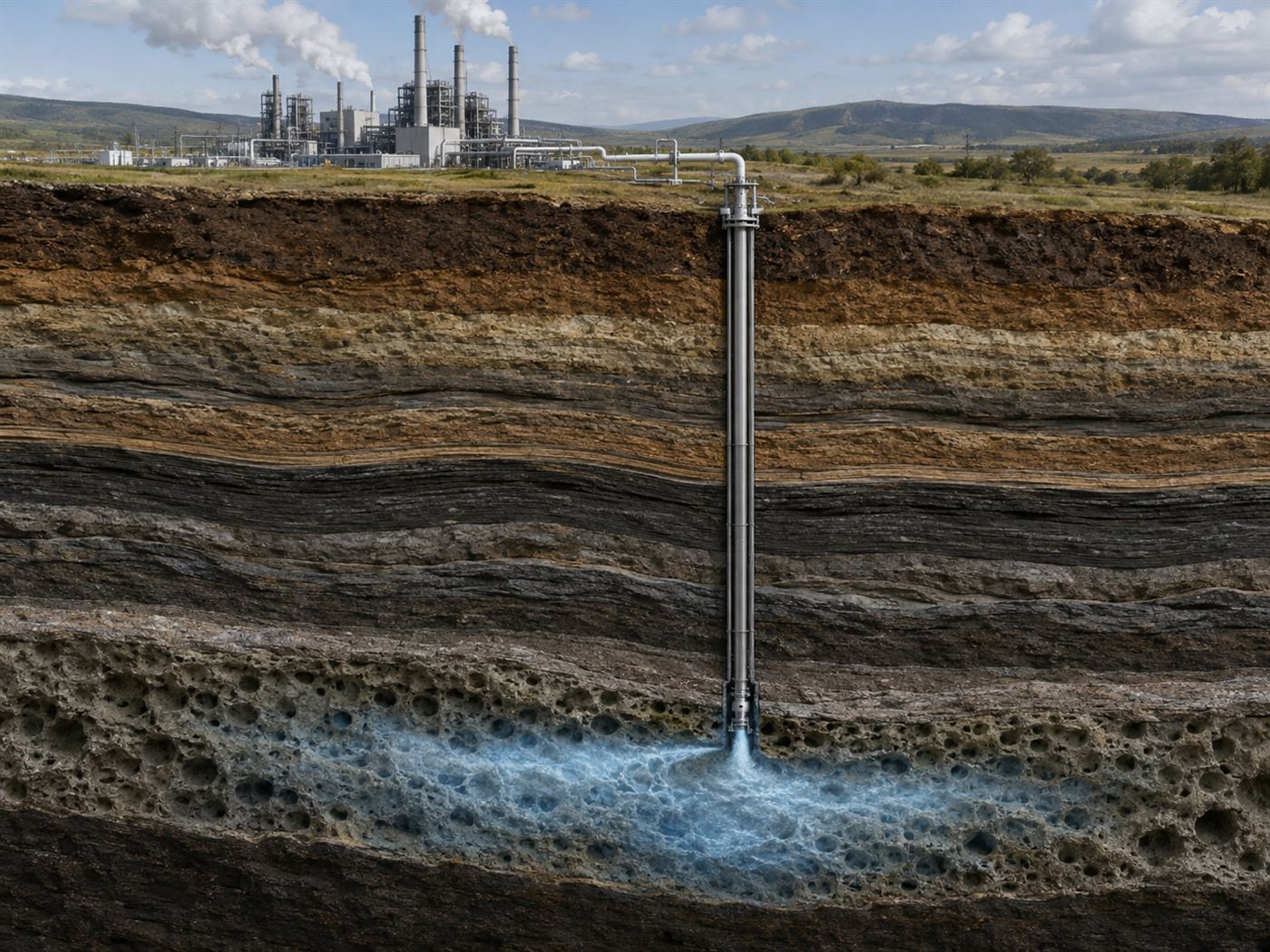 Diagram-like illustration of carbon dioxide being piped from a plant and injected deep underground into rock layers for storage