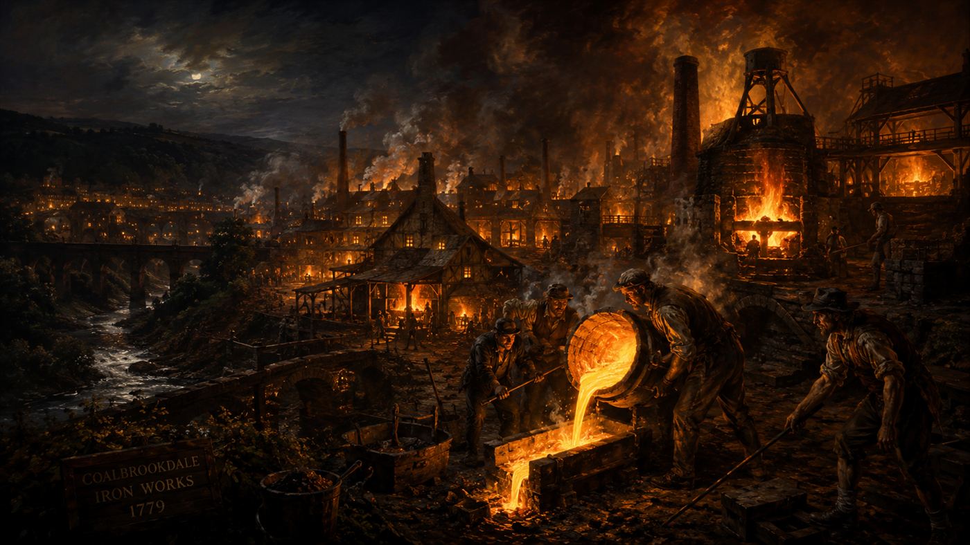 An 18th-century Coalbrookdale ironworks at night, blazing furnaces casting molten iron