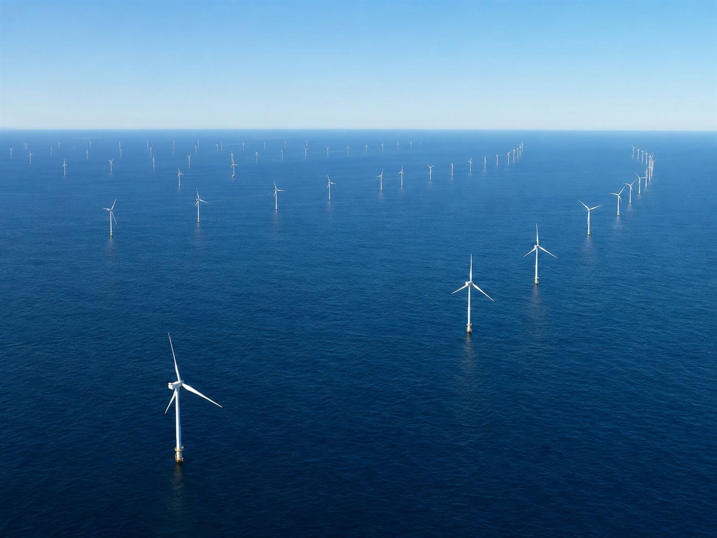 Rows of huge white offshore wind turbines standing in the Atlantic Ocean under a bright sky