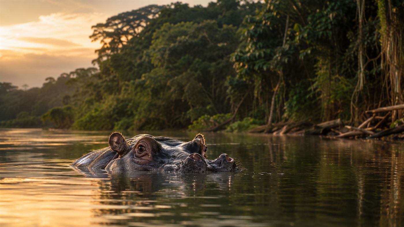 One of Colombia's cocaine hippos half-submerged in a green tropical river at dusk