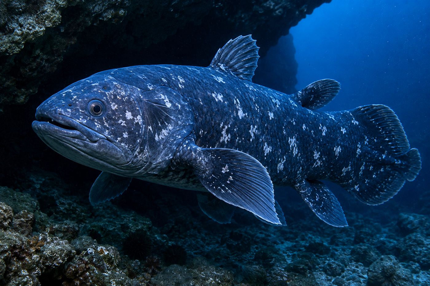 A living coelacanth, a steel-blue prehistoric fish, in the dark deep sea