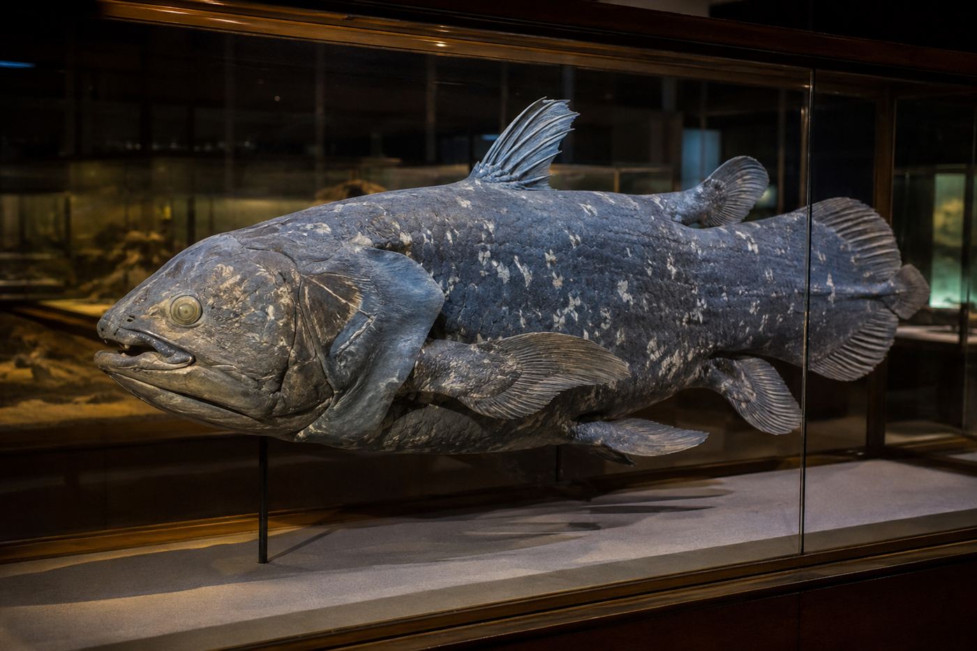 A preserved coelacanth specimen mounted in a glass natural history museum case