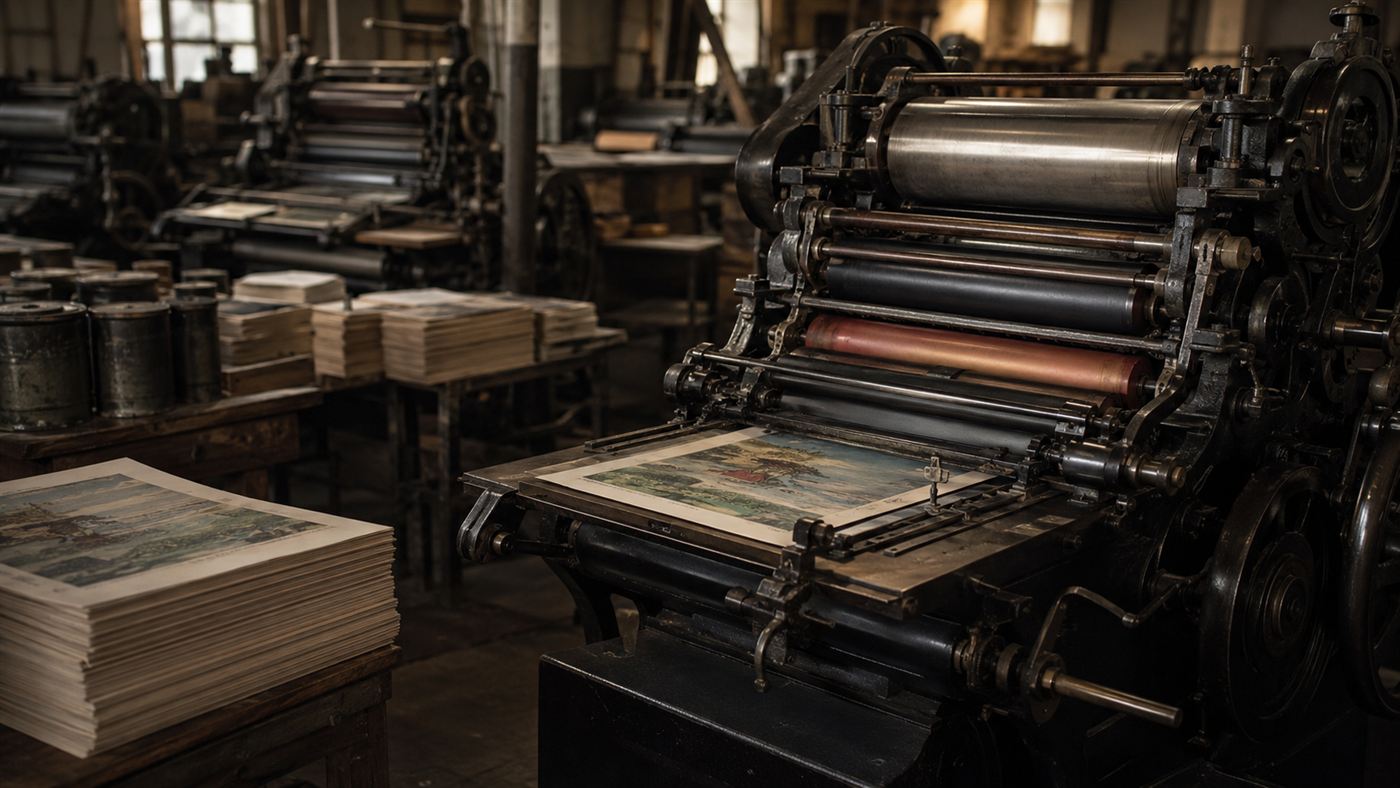 A large early 1900s color lithographic printing press in a print shop with stacks of paper and ink rollers
