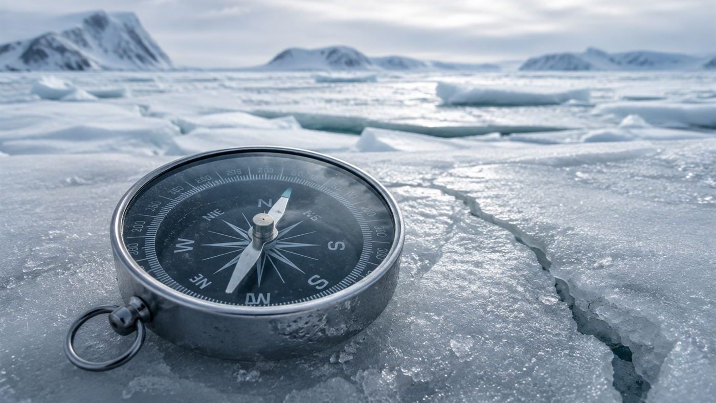 A magnetic compass lying on cracked Arctic sea ice, its needle pointing toward the wandering magnetic north pole