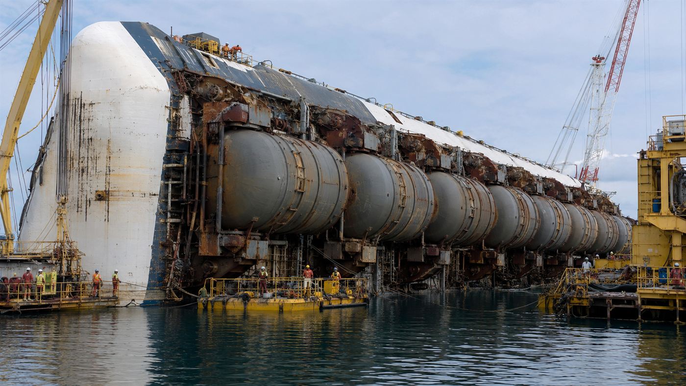Steel salvage platforms and large flotation tanks welded to the hull of the Costa Concordia during the parbuckling operation