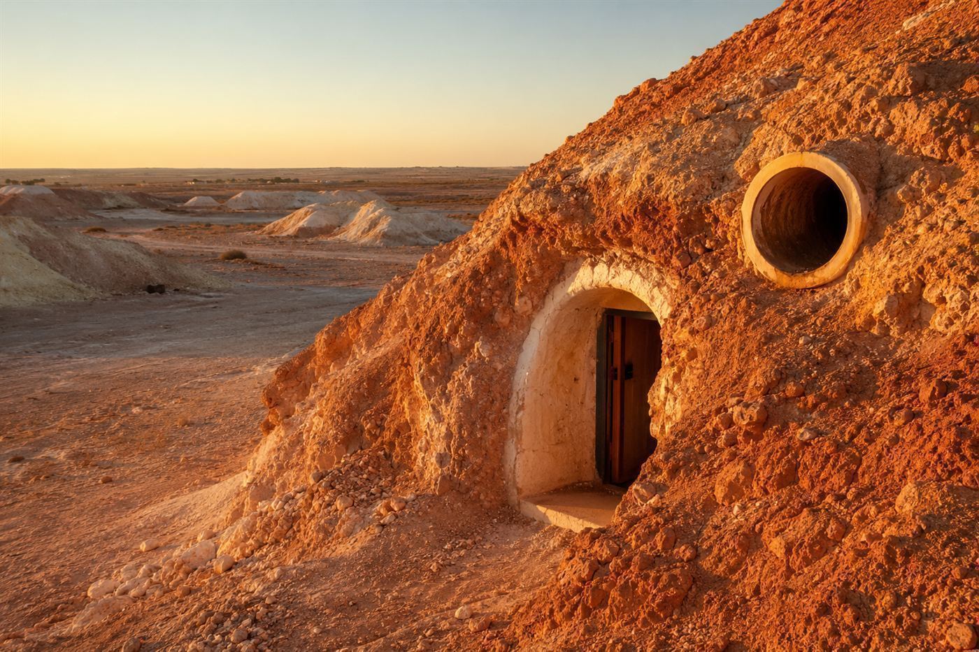 A dugout home dug into a red desert hill in Coober Pedy, the underground opal town in the Australian outback, with mounds of mined earth around it at golden hour