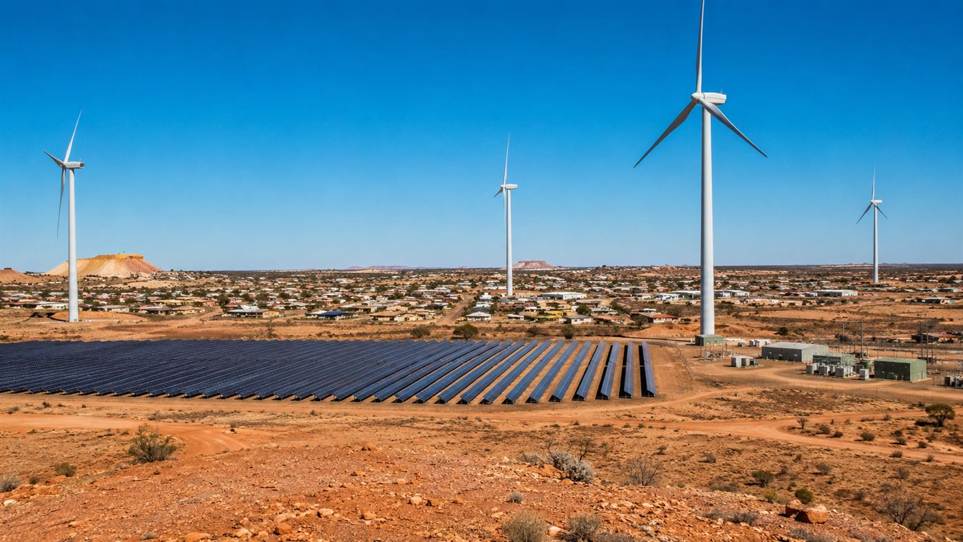 Wind turbines and solar panels powering the remote desert town of Coober Pedy under a bright outback sky