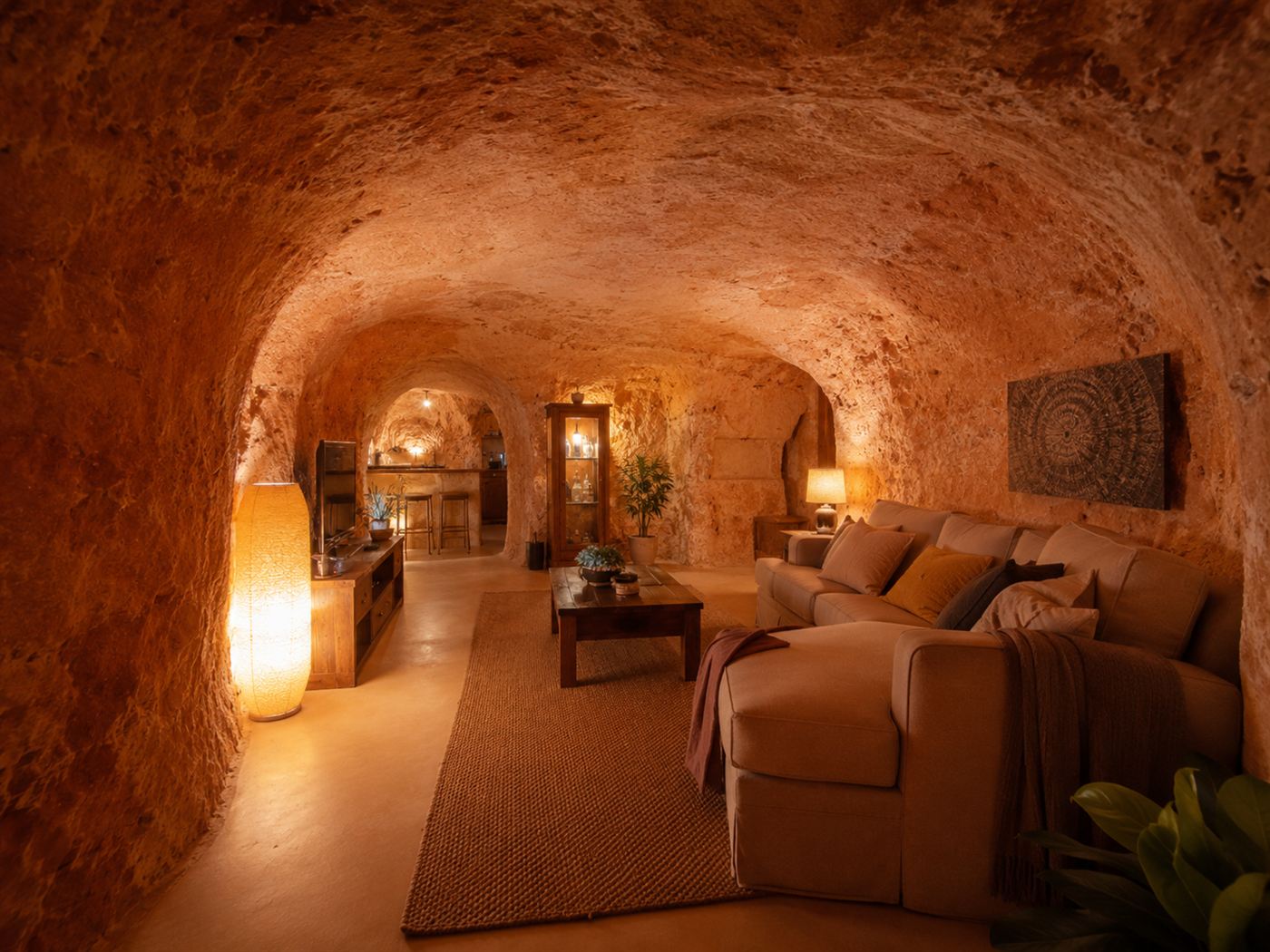 Inside an underground dugout home carved into smooth ochre rock in Coober Pedy, a furnished living room lit by warm lamplight
