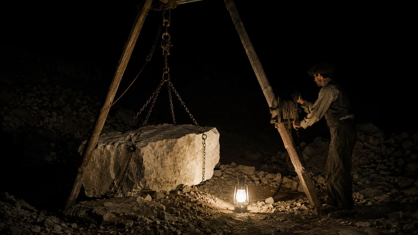 A small man working alone at night beside a huge limestone block with a wooden tripod and hand winch, recreating how Coral Castle was built