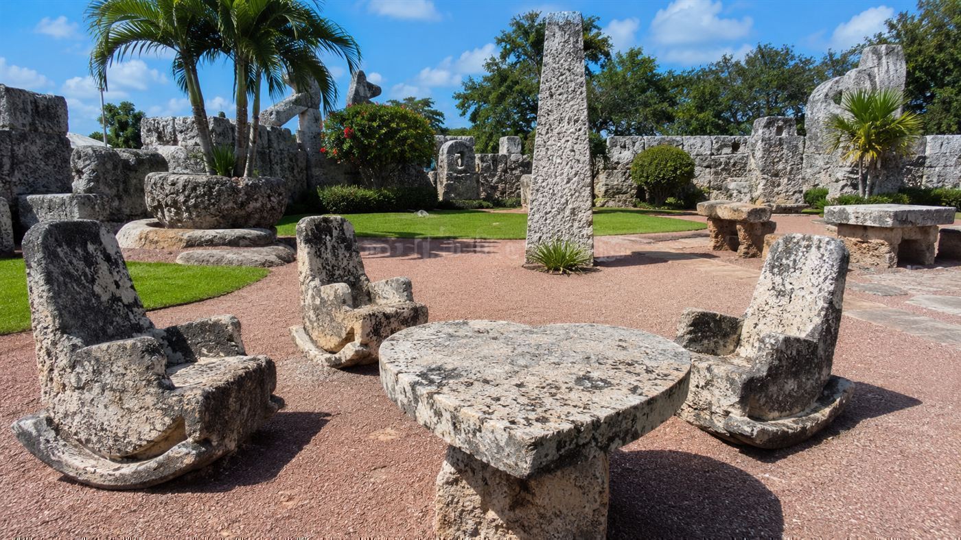 Carved limestone furniture at Coral Castle, including a heart-shaped table and heavy stone rocking chairs in a sunlit garden