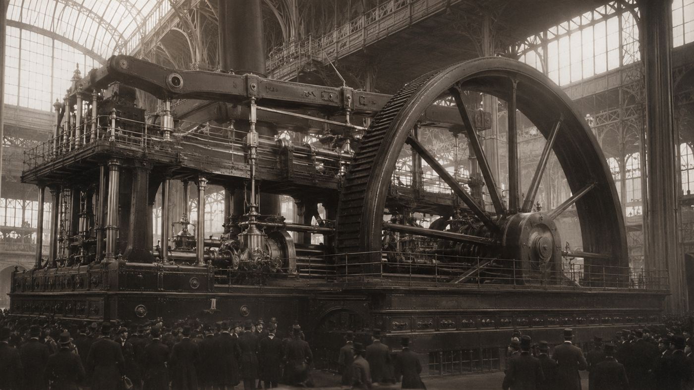 A colossal Victorian steam engine with a huge flywheel in an 1876 exhibition hall, the Corliss engine