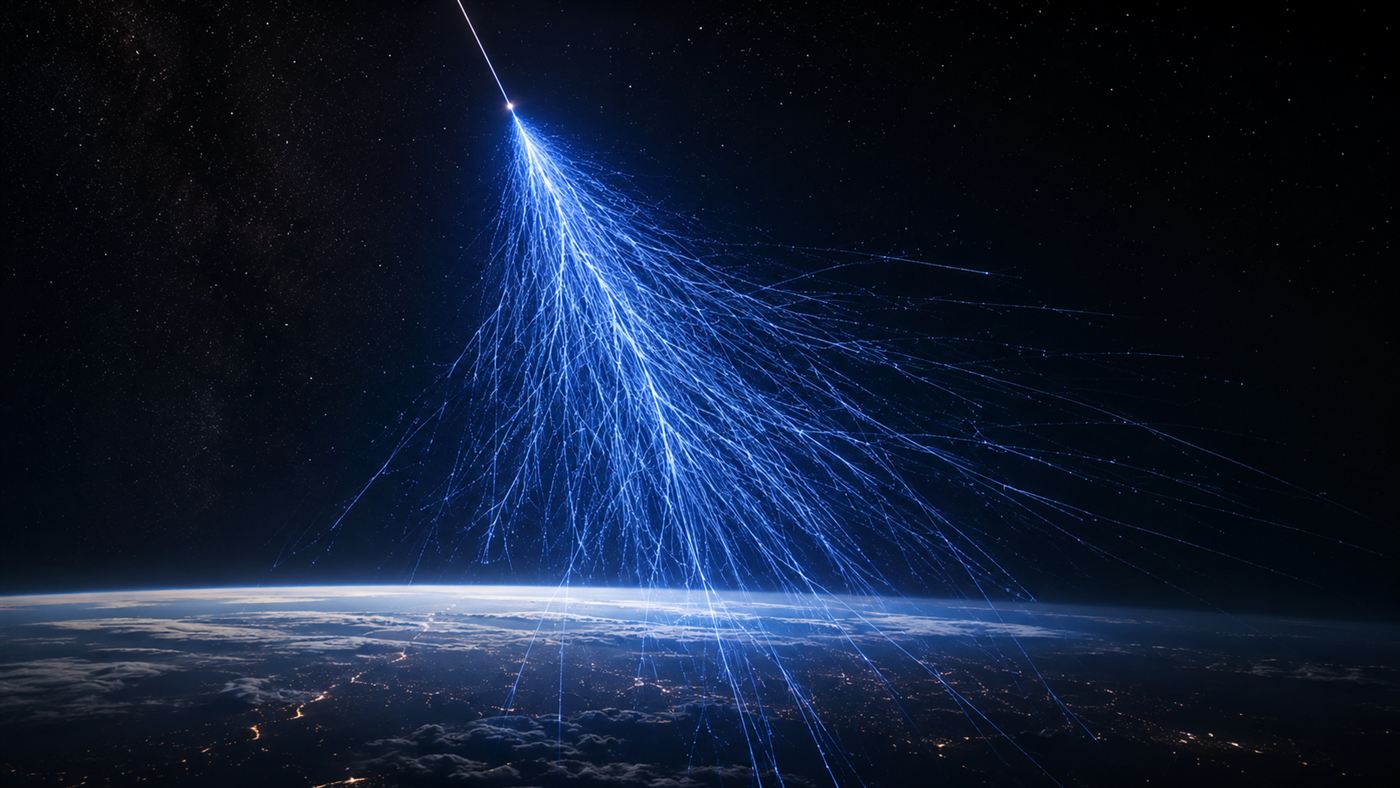 A cascade of secondary particles raining down through the atmosphere from a single high-energy cosmic ray