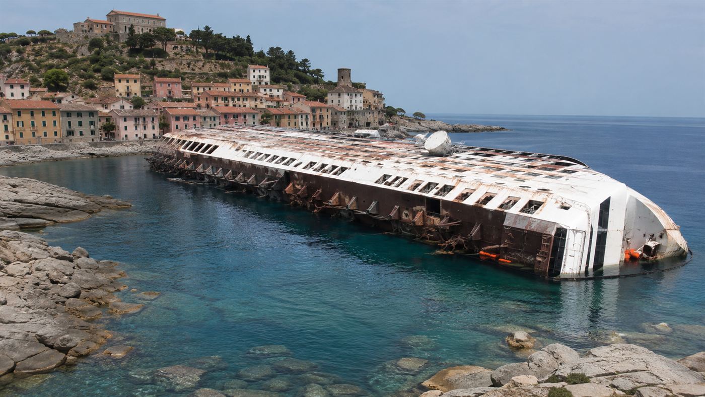 The capsized Costa Concordia cruise ship lying on its side beside the island of Giglio before the salvage