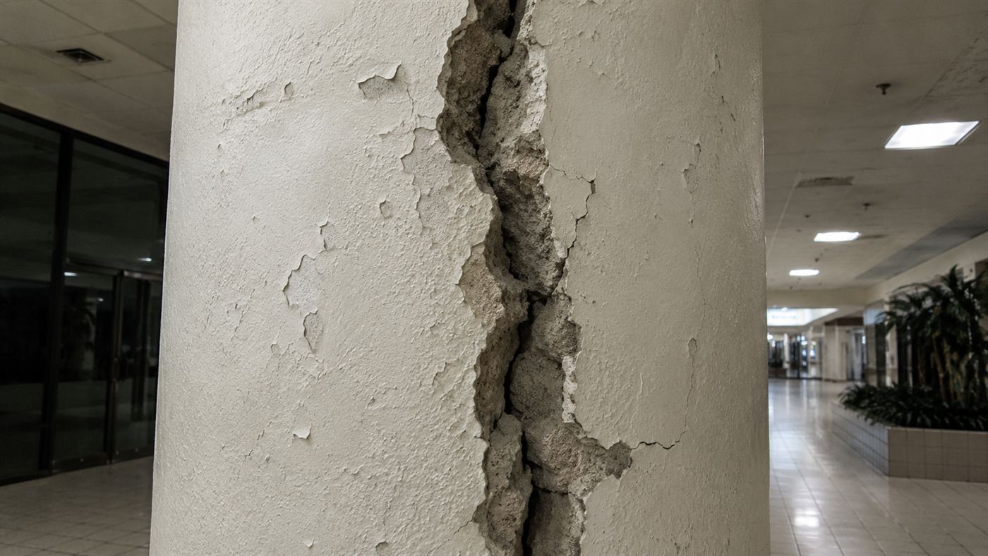 A wide crack running down a thick concrete support column inside a 1990s shopping building