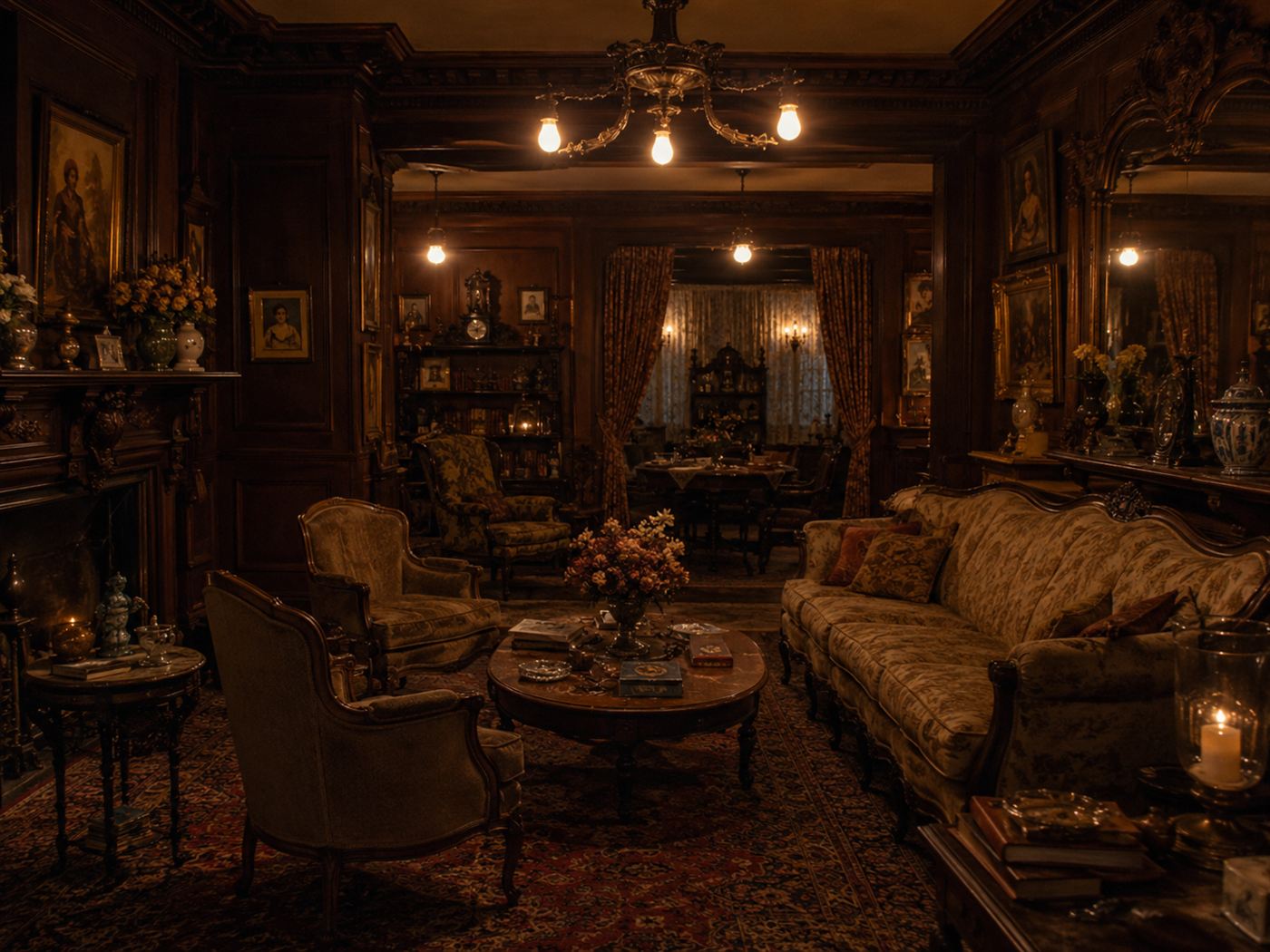 An ornate Victorian drawing room lit softly by a few early incandescent bulbs, as at Cragside in 1880