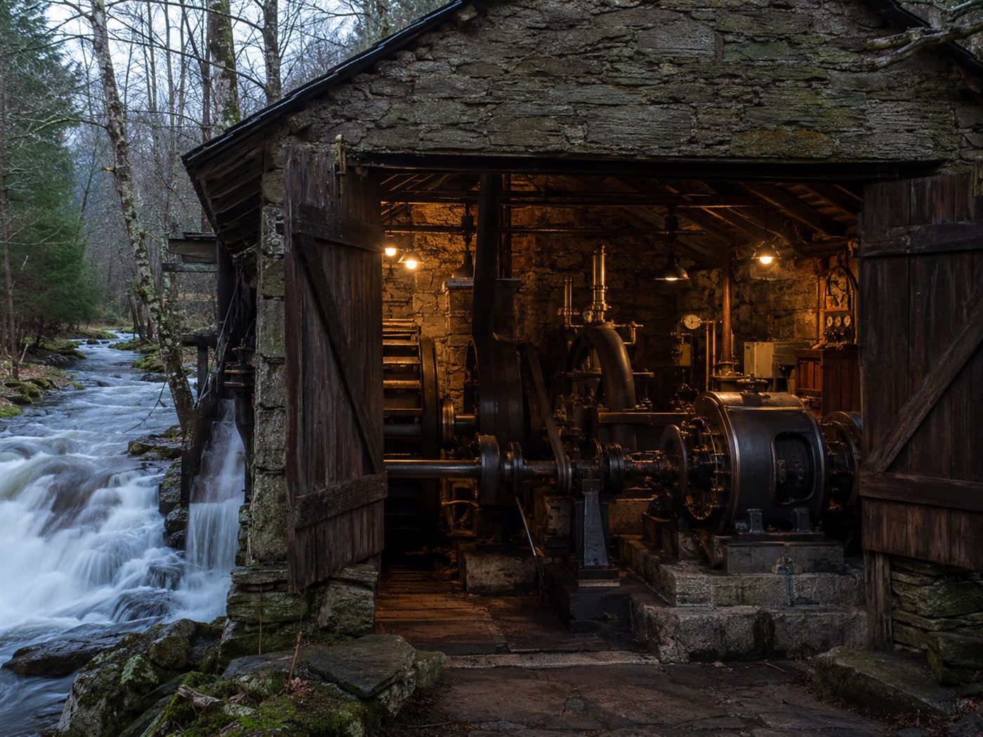 A Victorian water turbine and early Siemens dynamo in a stone powerhouse beside a rushing woodland stream, the kind that powered Cragside
