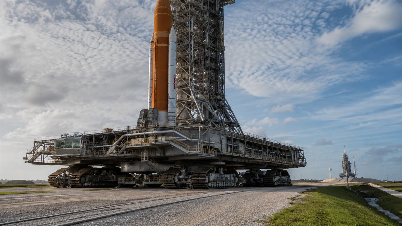 NASA's massive tracked crawler-transporter carrying a mobile launch platform and rocket along a wide gravel road toward the launch pad