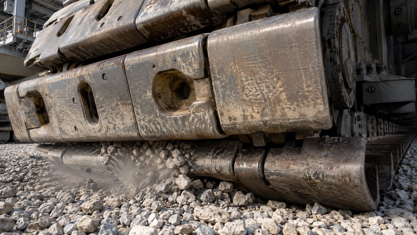 Close-up of the giant steel cleated tracks of NASA's crawler-transporter crushing gravel river rock beneath them