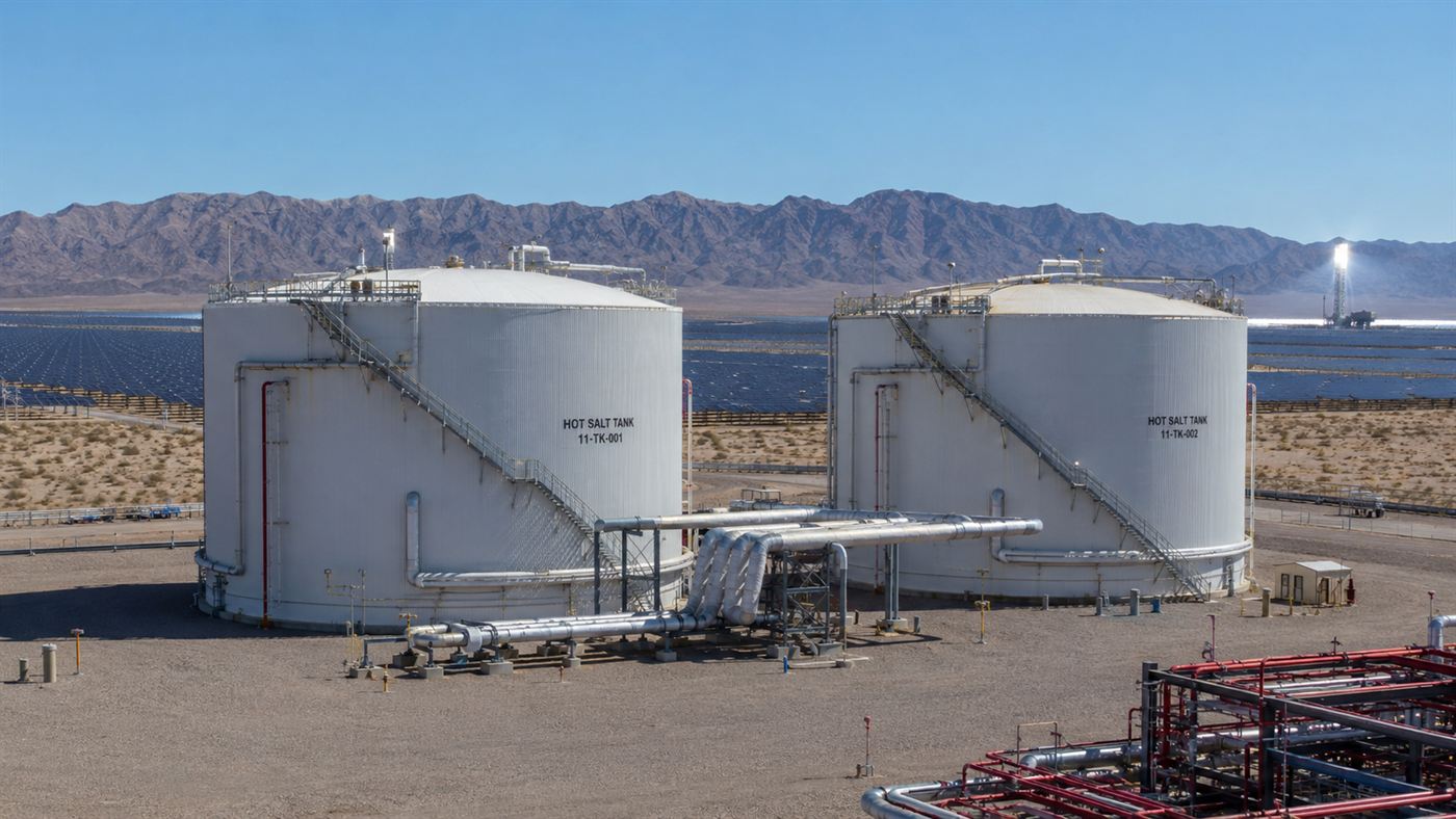 Industrial molten-salt storage tanks of the kind used at Crescent Dunes