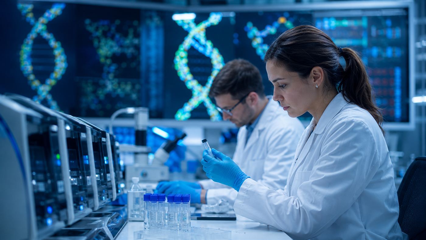 Scientists in a modern genetics laboratory doing gene editing work with vials and instruments, DNA sequences glowing on screens