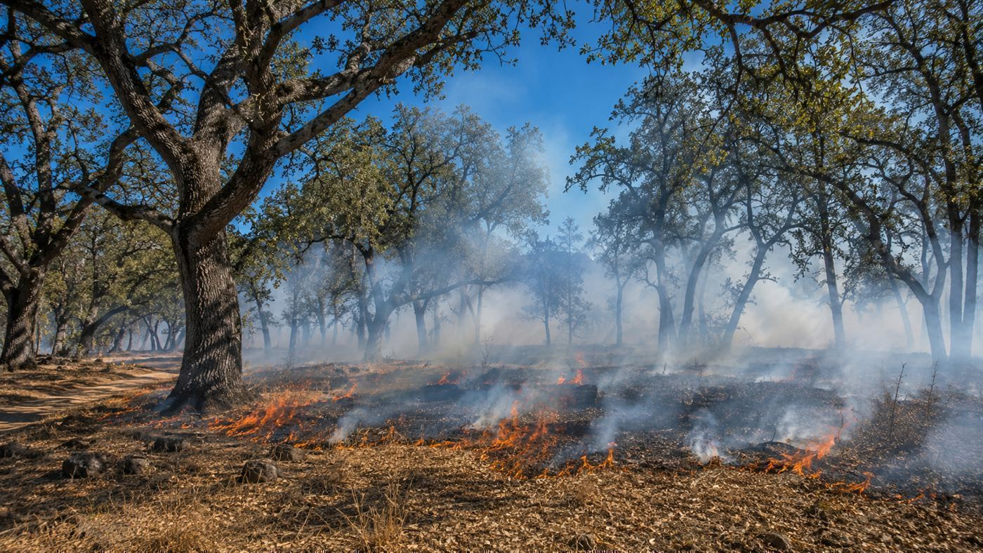 A low-intensity cultural burn moving slowly through a California oak woodland, with orange flames at ground level and smoke drifting up through the tree canopy into a blue sky