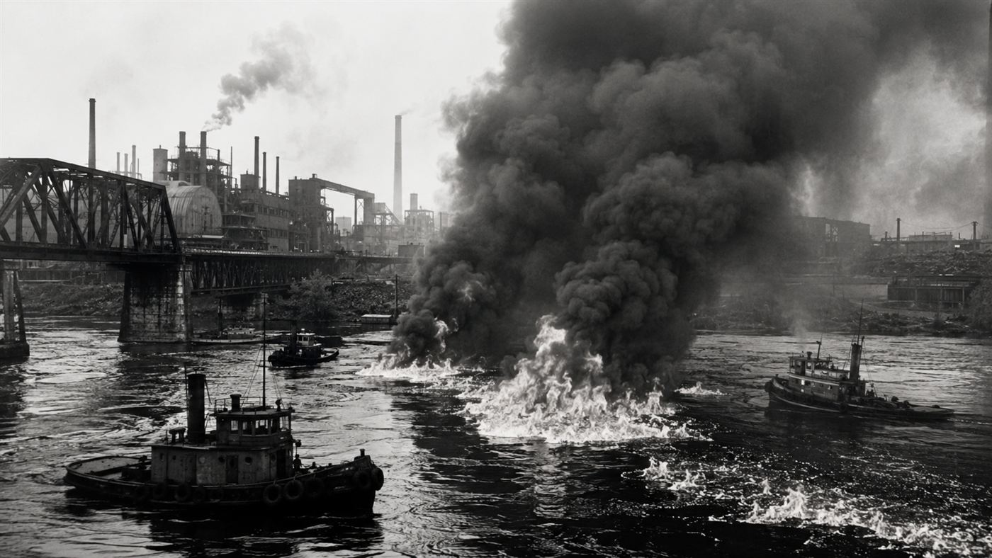 The Cuyahoga River fire, an industrial river ablaze with flames and black smoke beside steel mills and a railroad bridge