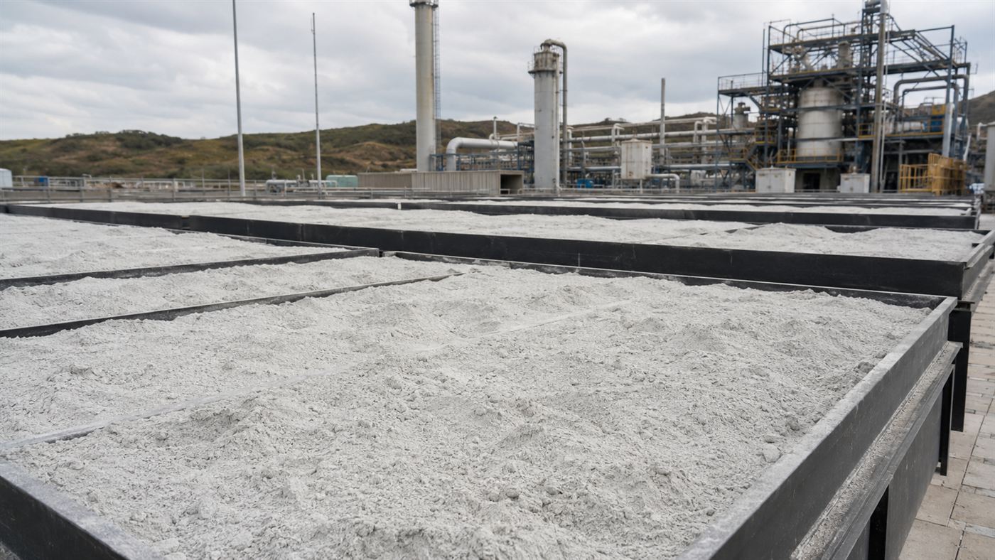 Trays of crushed pale limestone spread out to absorb carbon dioxide from the air at a direct air capture facility