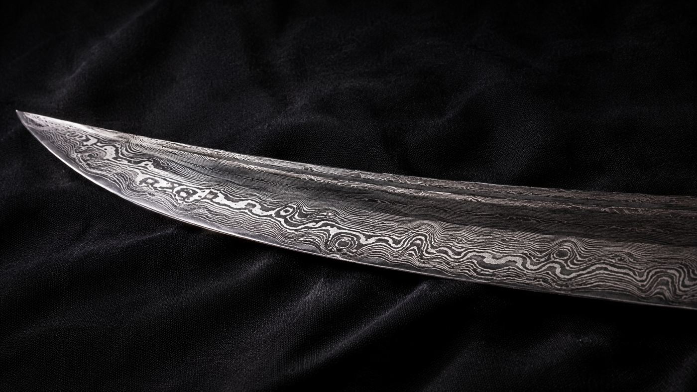 A curved Damascus steel sword blade showing its rippling watery damask surface pattern in close detail