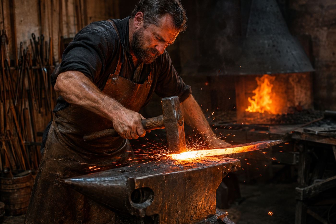 A blacksmith forging a glowing blade at an anvil in a dim workshop, sparks flying from the hot metal