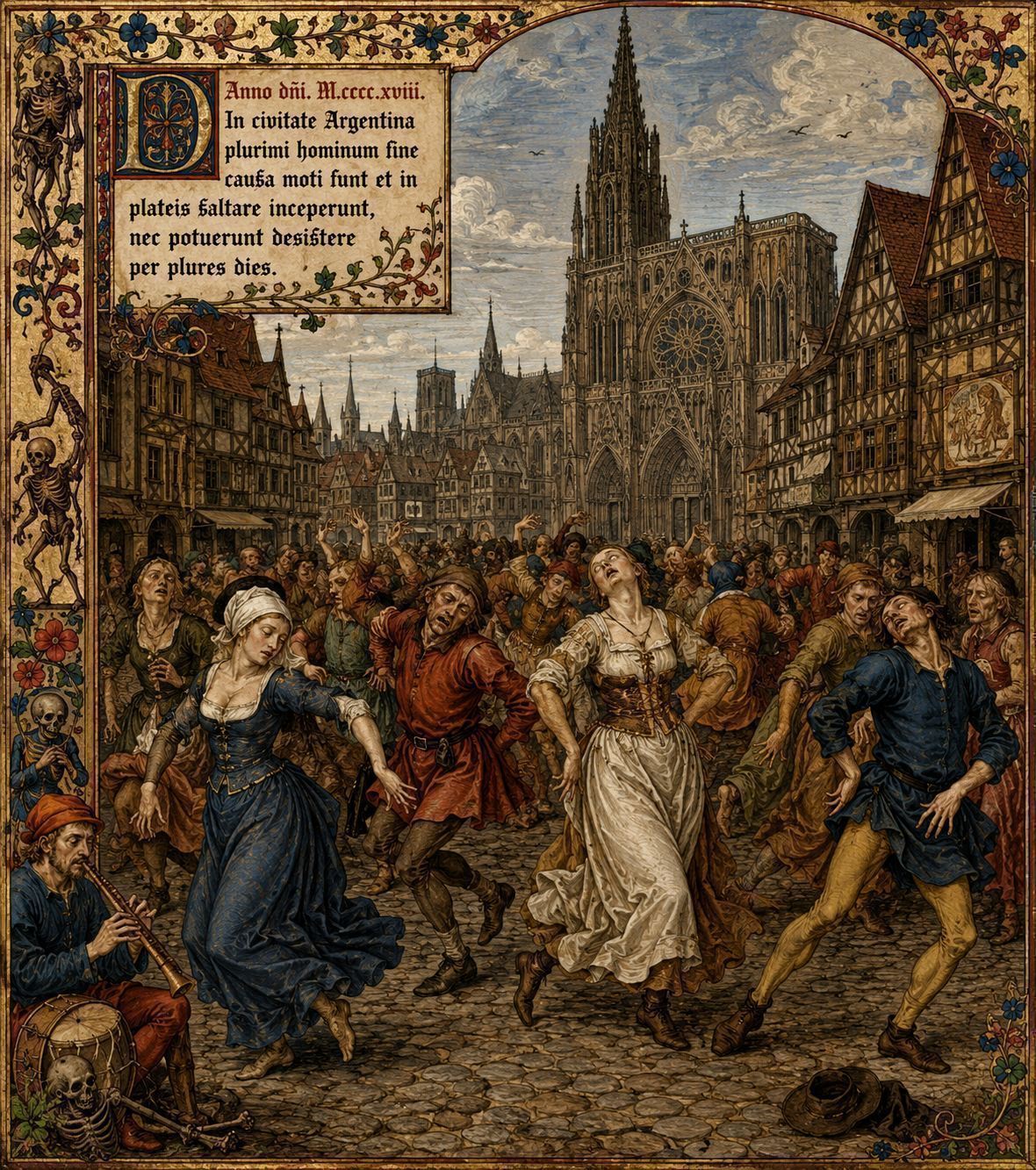 Medieval European city street with people in 15th century clothing dancing uncontrollably on cobblestones, Gothic cathedral and timber-framed buildings of Strasbourg in background