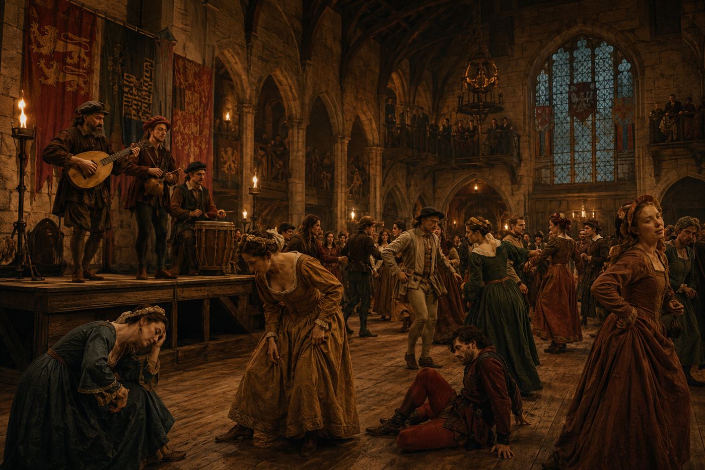 Medieval great hall with musicians playing lutes and drums on a wooden stage, people in 15th century European dress dancing in a torchlit interior, Gothic stone arches