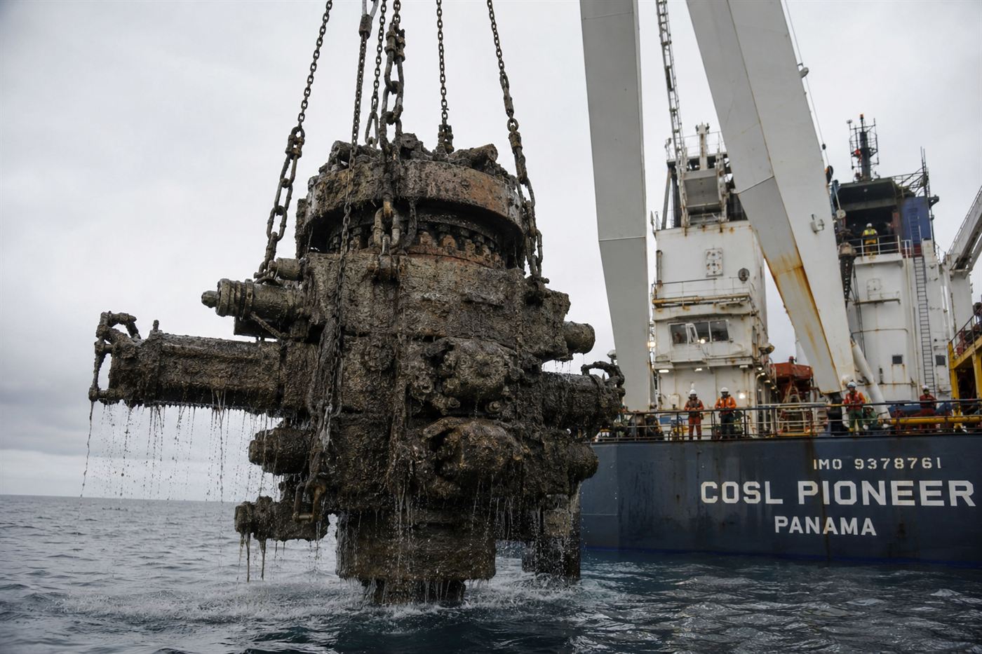 The Deepwater Horizon blowout preventer being raised from the Gulf of Mexico seafloor during recovery operations in 2010, encrusted with deep sea sediment