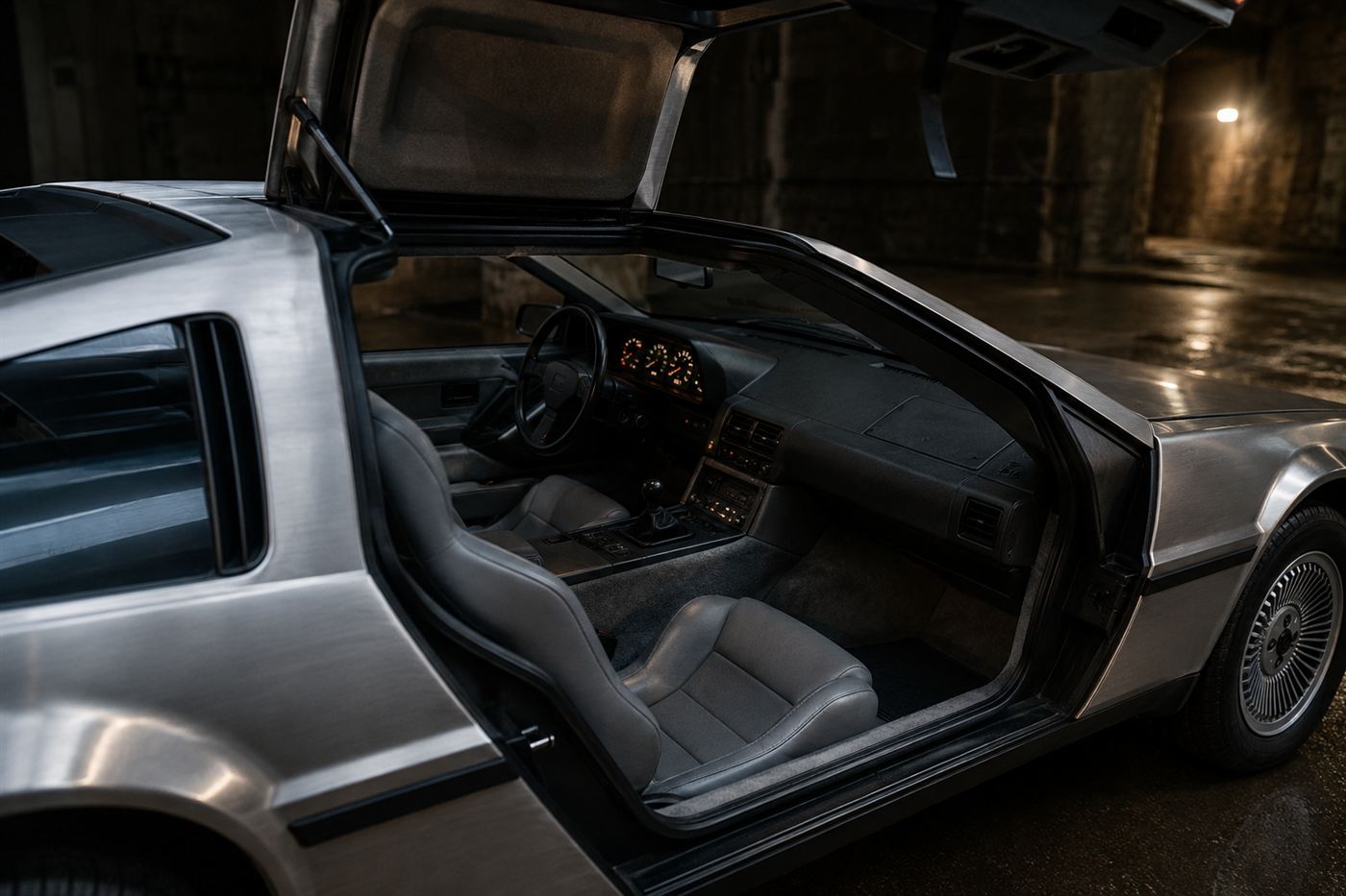 The interior and open gullwing door of a DeLorean DMC-12 with its dashboard and controls, evoking the film time machine