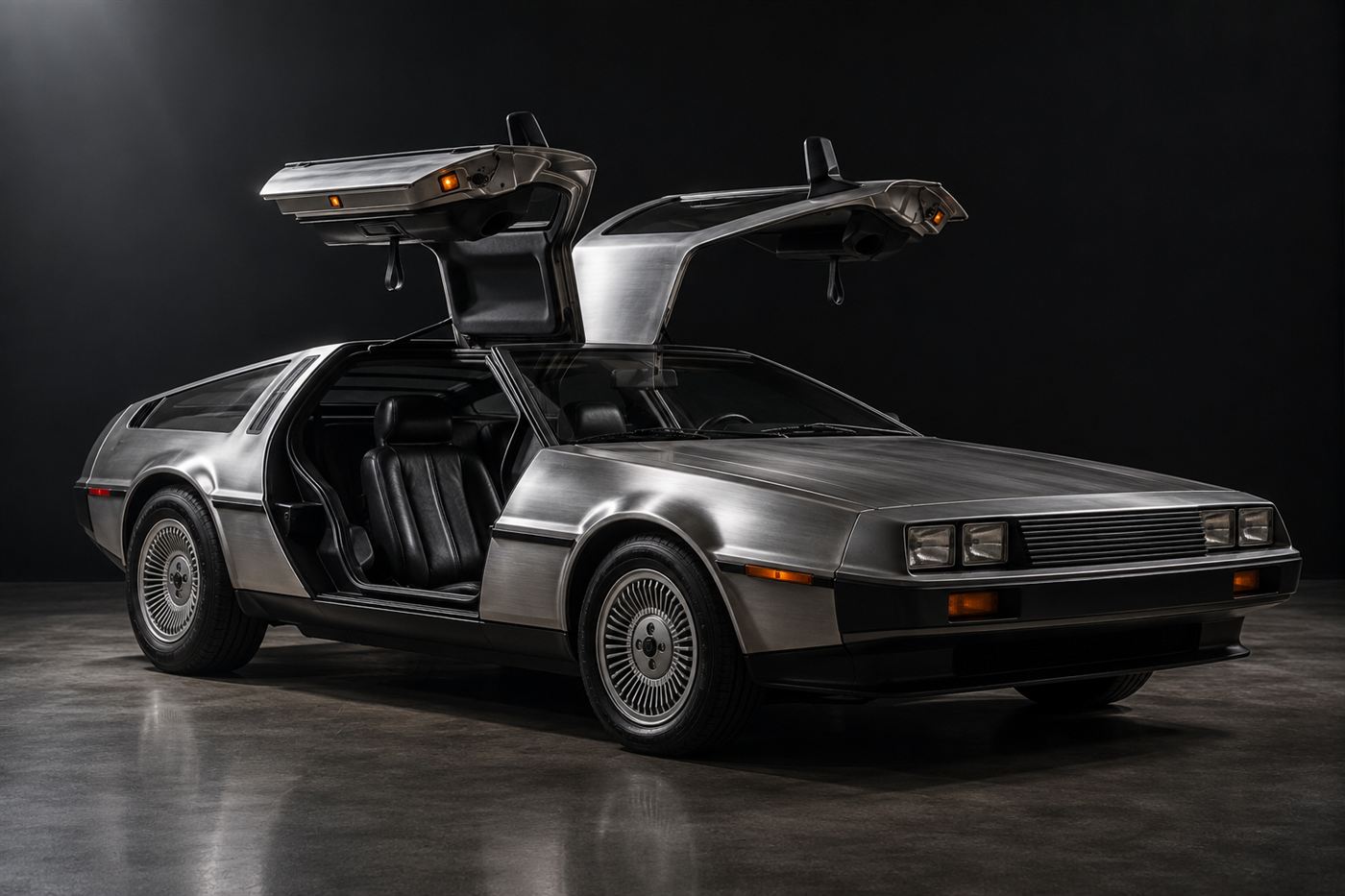 A DeLorean DMC-12 sports car with its brushed stainless-steel body and both gullwing doors raised open in a studio