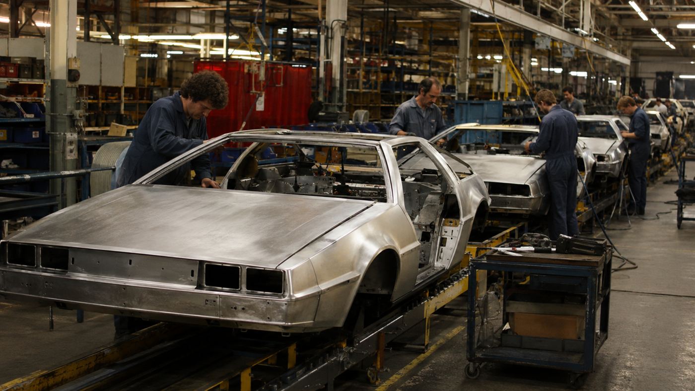 The DeLorean car factory in Dunmurry Northern Ireland in 1981, workers assembling stainless-steel car bodies on the line