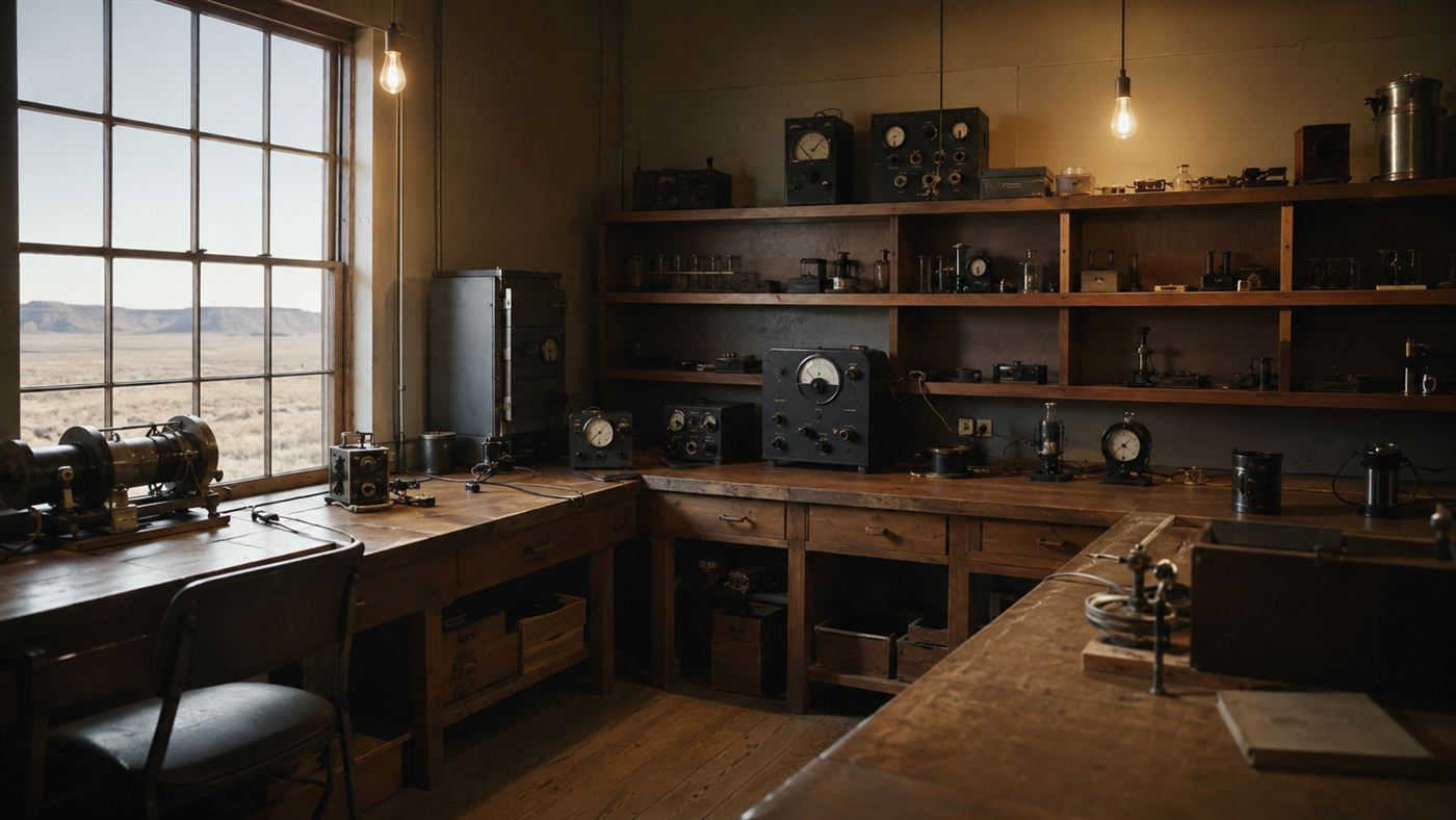 A 1940s Los Alamos laboratory bench with scientific instruments where the plutonium core experiments took place