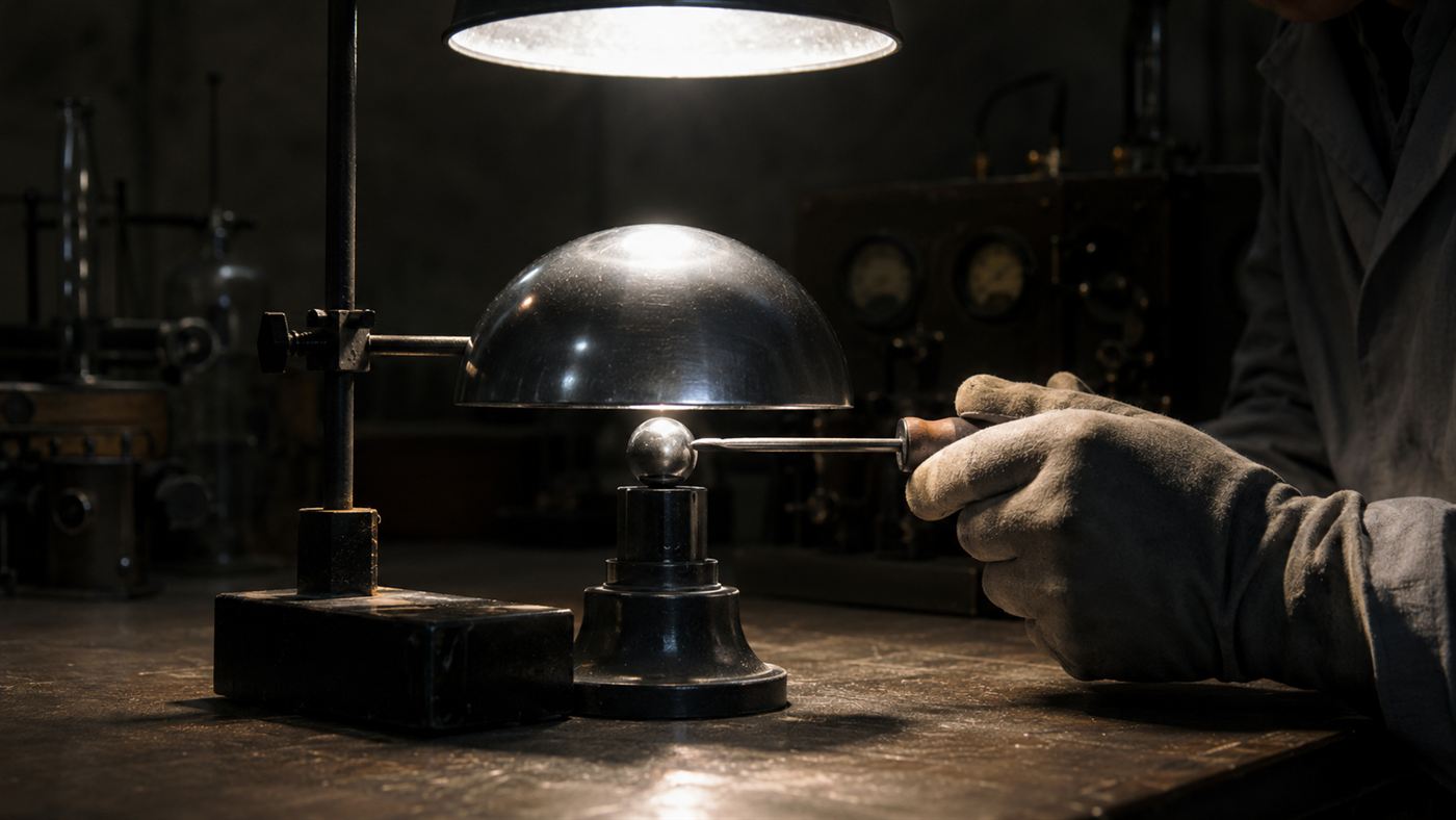 A re-creation of the Louis Slotin criticality accident, a half-dome beryllium reflector held over the plutonium core with a screwdriver