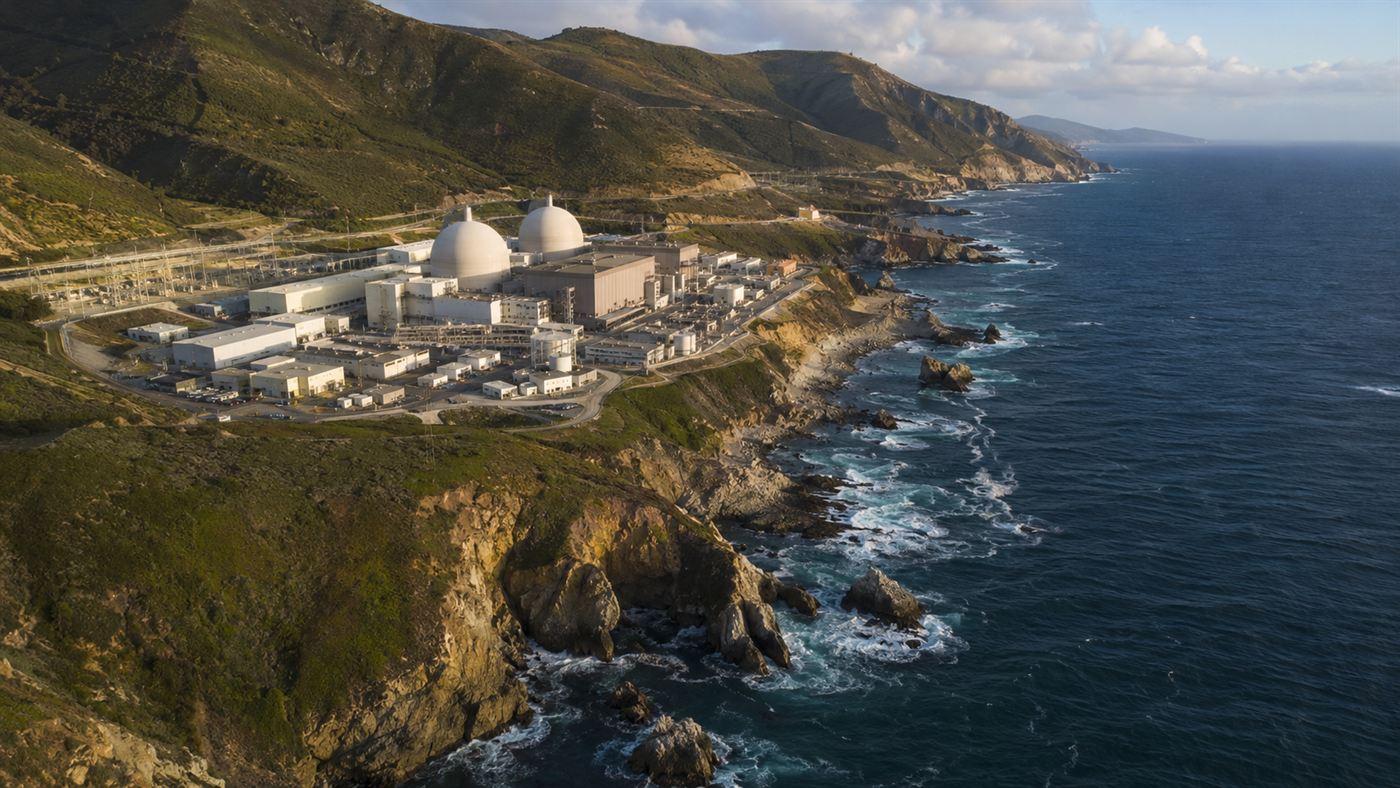 An aerial view of the Diablo Canyon plant on California's Central Coast between hills and the ocean