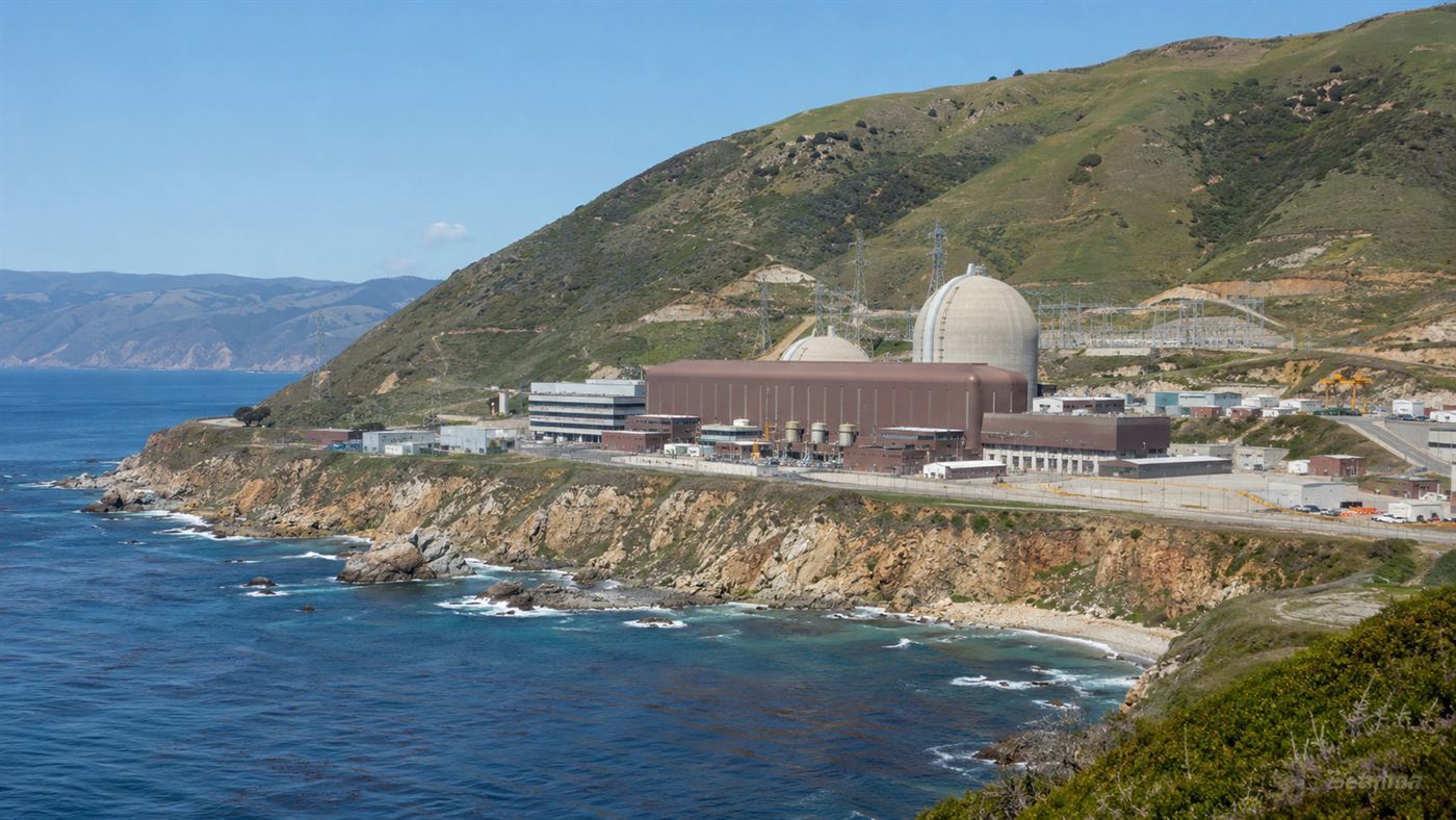The Diablo Canyon nuclear power plant, with its containment domes on the rugged California coast above the Pacific
